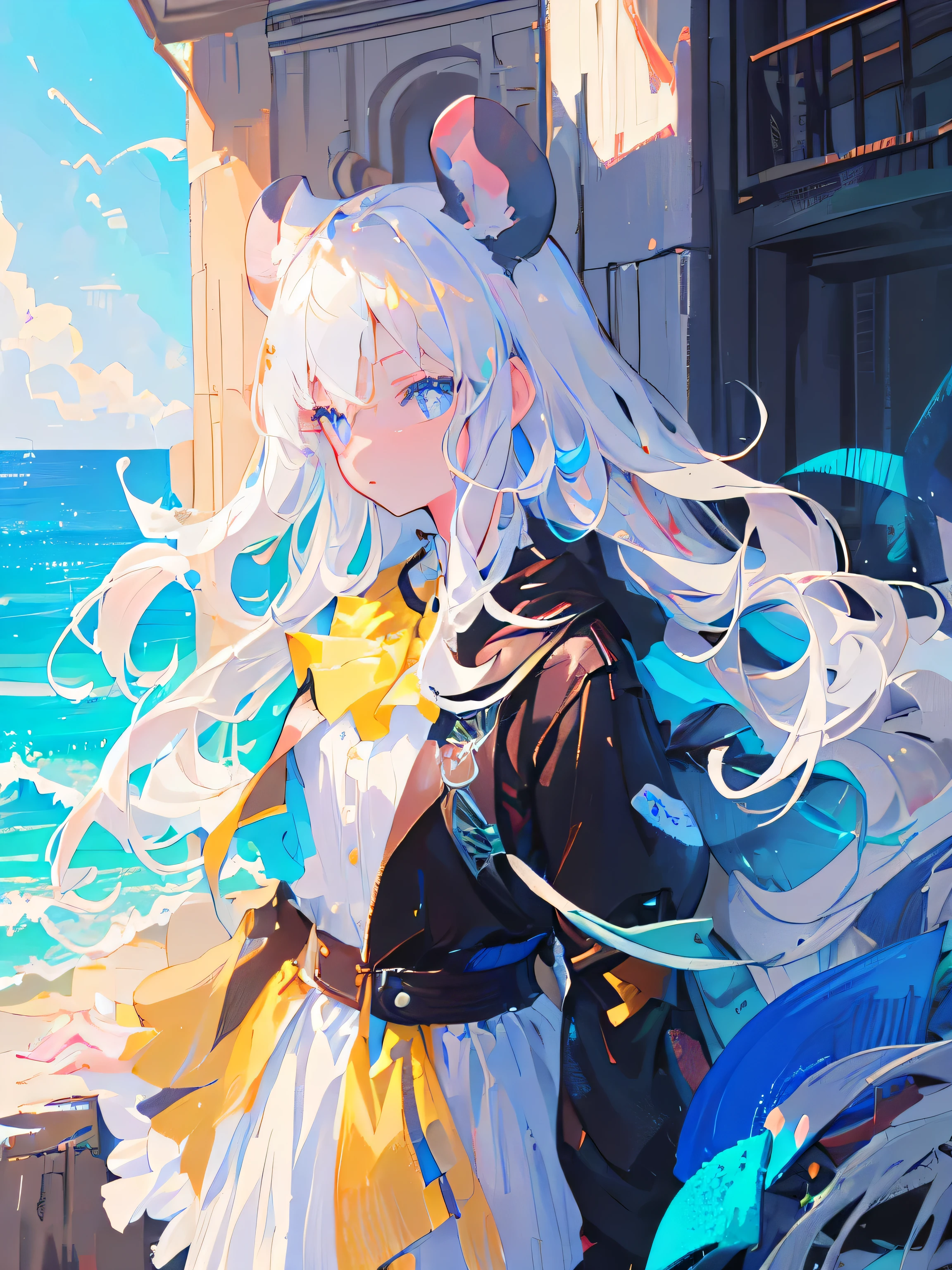 (Best quality at best,4K,8K,A high resolution,tmasterpiece:1.2),ultra - detailed,(actual,photoactual,photo-actual:1.37),Manteau blanc,long flowing white hair,Teenage girl,arknight,Mouse ears,Bright blue eyes,gentlesoftlighting,nature backdrop,breath of the future,Vibrant colors,Focus sharp