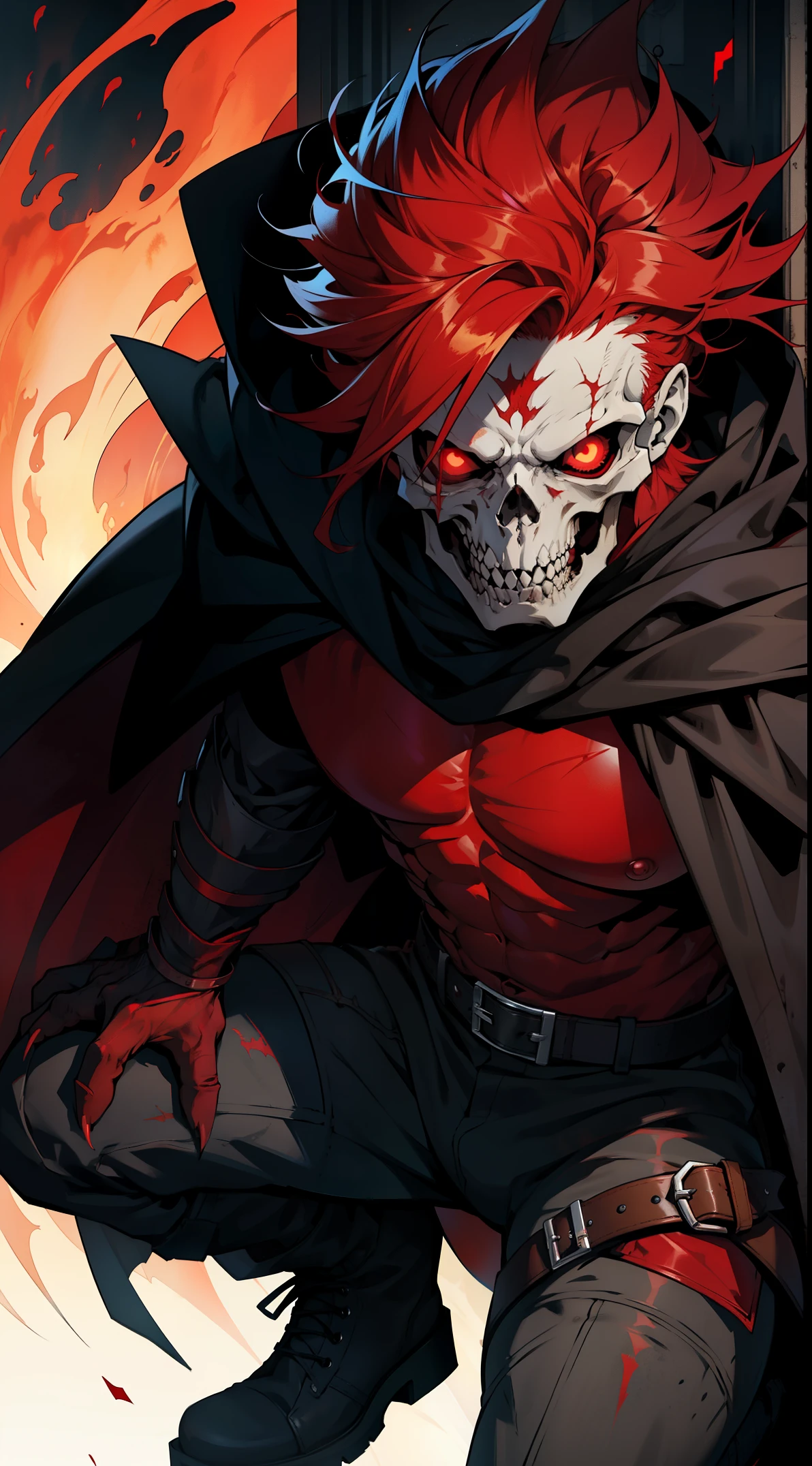 Male, burn victim, creepy smile, skin and bones, evil.