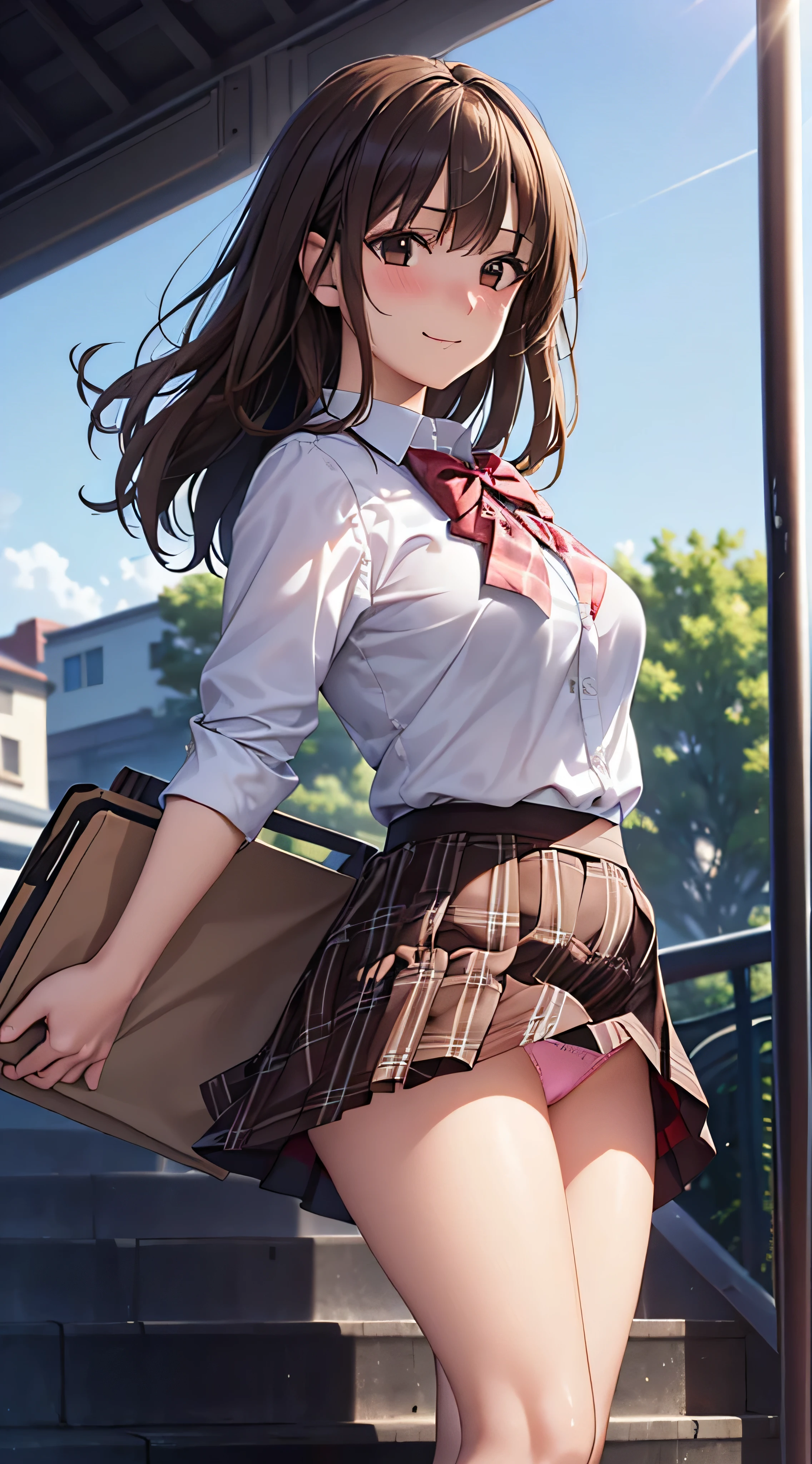 ((masutepiece, Best Quality, hight resolution, nffsw, Perfect Pixel,  4K, nffsw, nffsw))), 1girl in, Single, Solo, Beautie、full body seen、 ((Middle Wave Hair, Bangs, Brown hair)), ((Brown-eyed, Beautiful eyelashes, Realistic eyes)), ((Detailed face, Blushing:1.2)), ((Smooth texture:0.75, Realistic texture:0.65, Photorealistic:1.1, Anime CG style)), medium breasts, Dynamic Angle, Perfect body,  ((red bowtie, School uniform, , White shirt, Black skirt, plaid skirts))、train station stairs、Windy、Very embarrassing panic smile、turned around、I can see her ass sticking out in front of me................、Looking up from the bottom of the stairs、 (The wind pulled up my skirt、Touch the skirt with both hands、、You can see all the buttocks、Pink floral panties)、