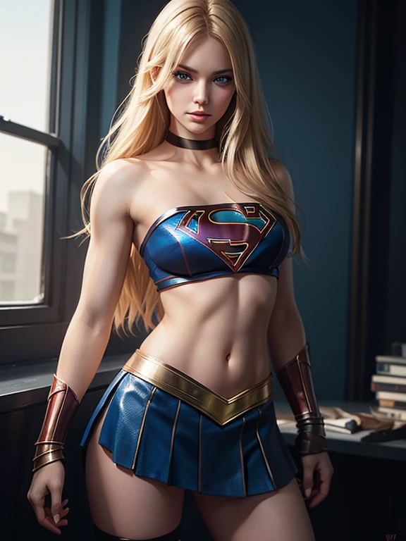 Supergirl, long hair, dirty blond, blue eyes, prostitute outfit, slim revealing crop top, ultra short skirt, bare legs, photoshoot, instagram pose, full body, strip-club, Supergirl acts as a stripper, complex, elegant, Highly detailed, digital painting, ArtStation, Concept art, smooth, sharp focus, illustration, Illustration by Wlop, Charlie Bowater and Alexandra Fomina