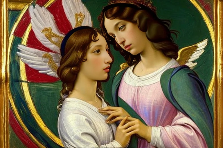 tempera painting, fresco art, angels, beautiful slender females, playing instruments in heaven, short blonde, small bust, narrow waist, wearing white-gold greek clothes, large wings, (((Renaissance art style, art by Sandro Botticelli)))