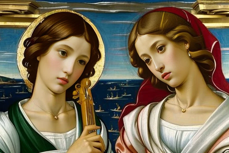 tempera painting, fresco art, angels, beautiful slender females, playing instruments in heaven, short blonde, small bust, narrow waist, wearing white-gold greek clothes, large wings, (((Renaissance art style, art by Sandro Botticelli)))