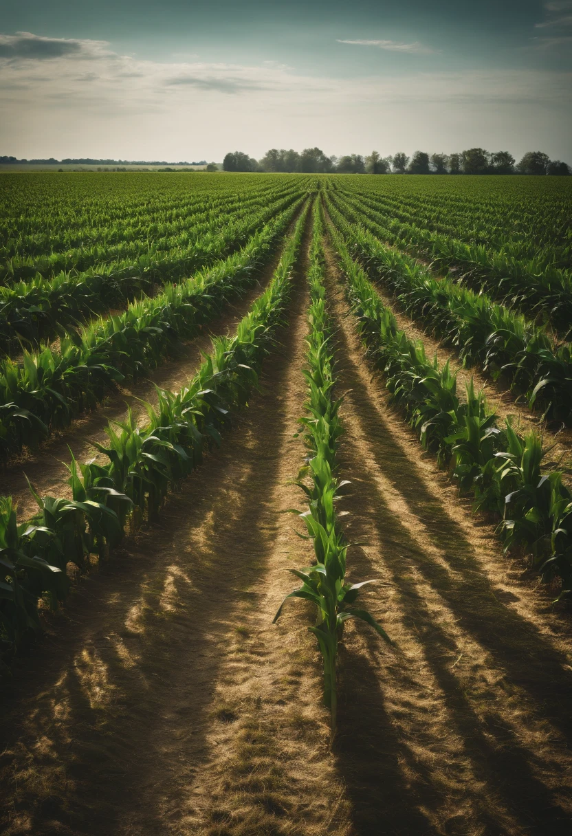a wide-angle shot of a vast cornfield, showcasing the rows of tall, vibrant green stalks as they stretch into the distance
