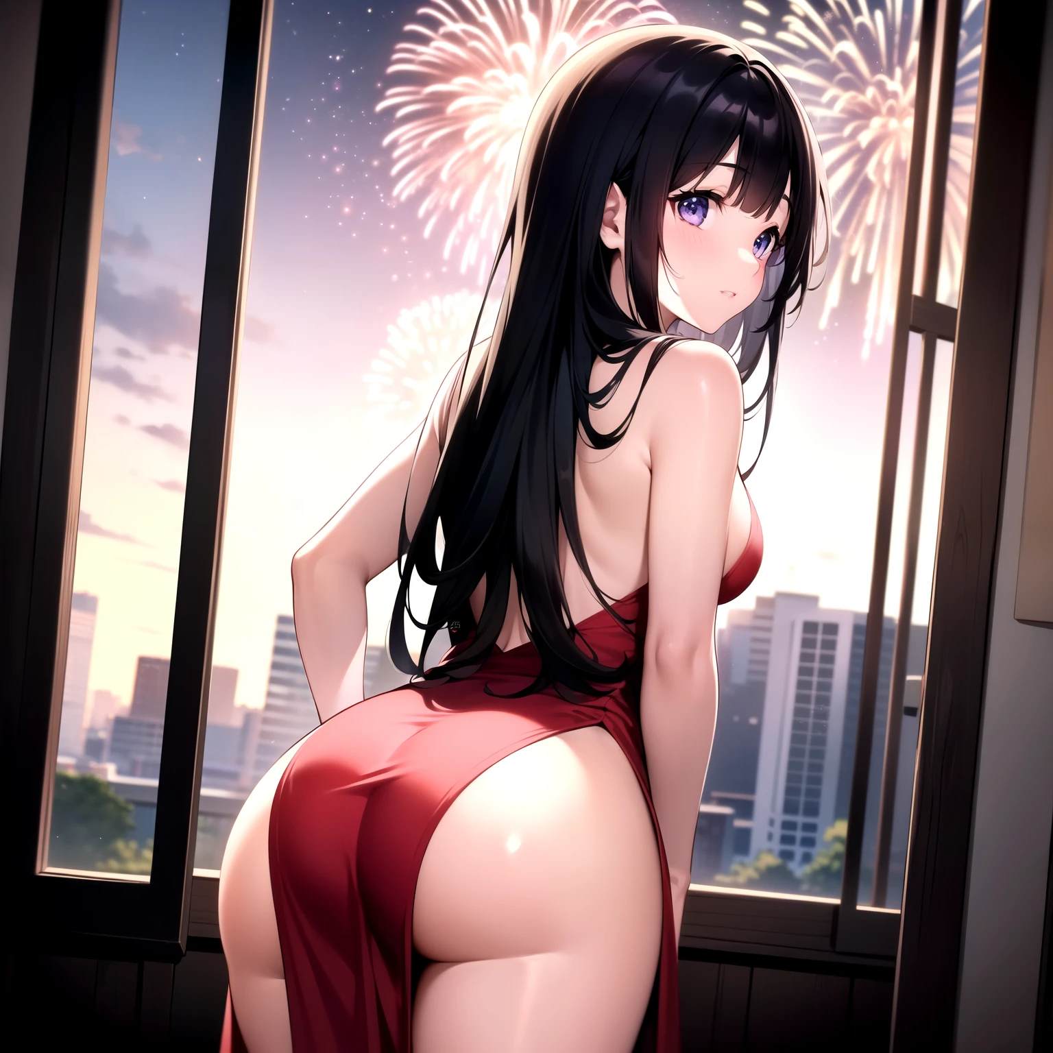 (A superb exquisite Chitanda Eru), ( face), purple eyes, long black hair, natural straight hair, straight bangs, solo, [Small_breaste_breasts: 0.5]l breasts, ((view from)), (red long dress, fireworks on windows, indoor), extremely delicate, peerless beautiful girl, dreamy quality, exaggerated facial features, solid color, delicate face, bright lips, slender waist, straight curves, soft lights and shadows, super fine, 8K HD, (masterpiece:1.4), (finely detailed beautiful eyes: 1.2)