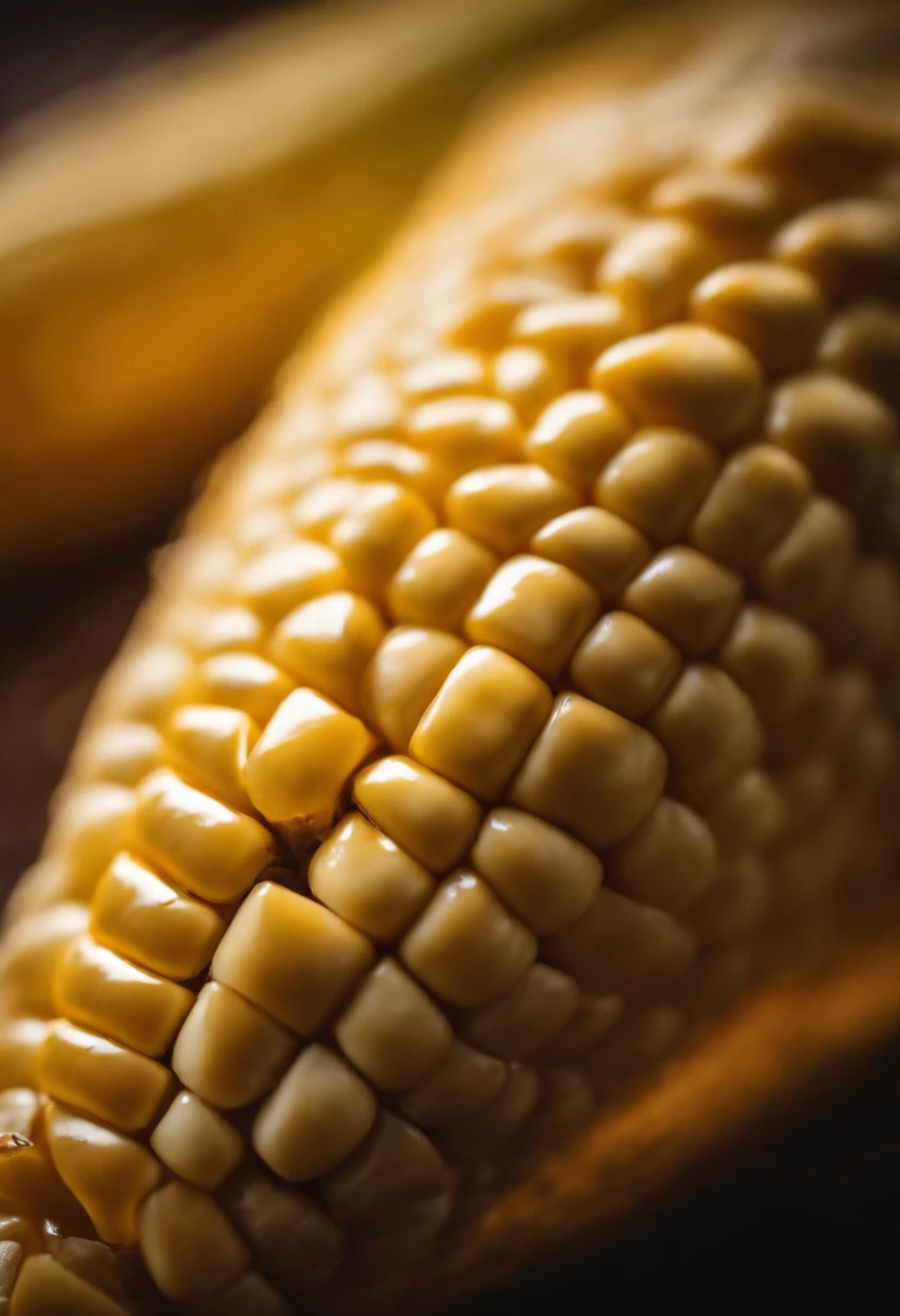 a close-up shot of a single ripe corn cob, highlighting the intricate patterns of the kernels, the golden hues, and the silk emerging from the husk