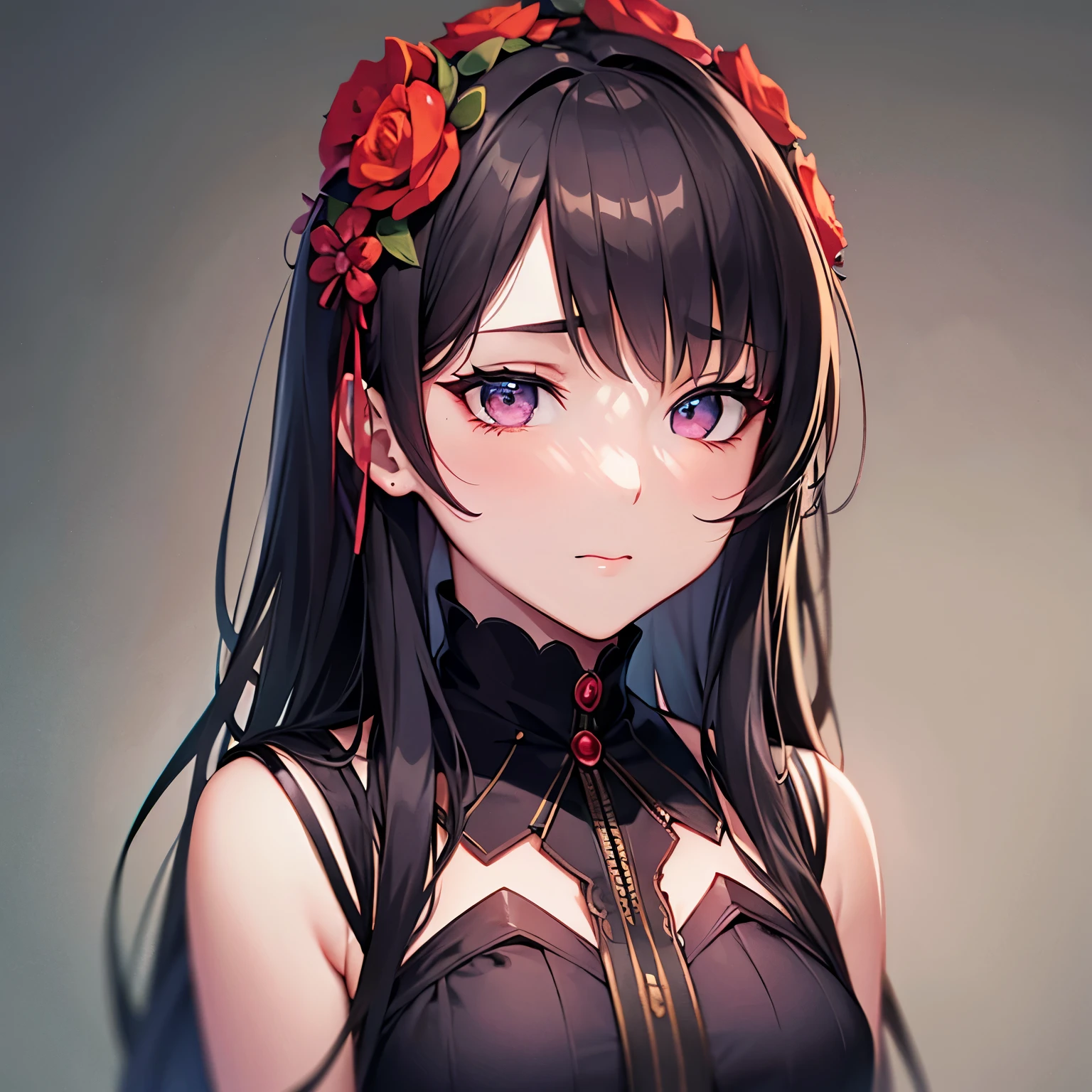 Una chica con cabello negro、ojos rojos、quimono ,、Los hombros sobresalen、Sentada y flores de cerezo