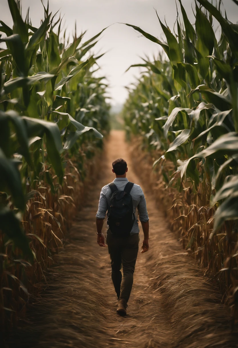 a lifestyle shot of a person walking through a cornfield, surrounded by the towering stalks, capturing the sense of being immersed in nature