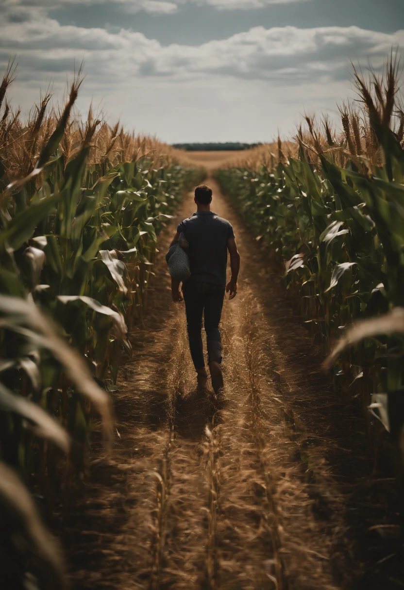 a lifestyle shot of a person walking through a cornfield, surrounded by the towering stalks, capturing the sense of being immersed in nature