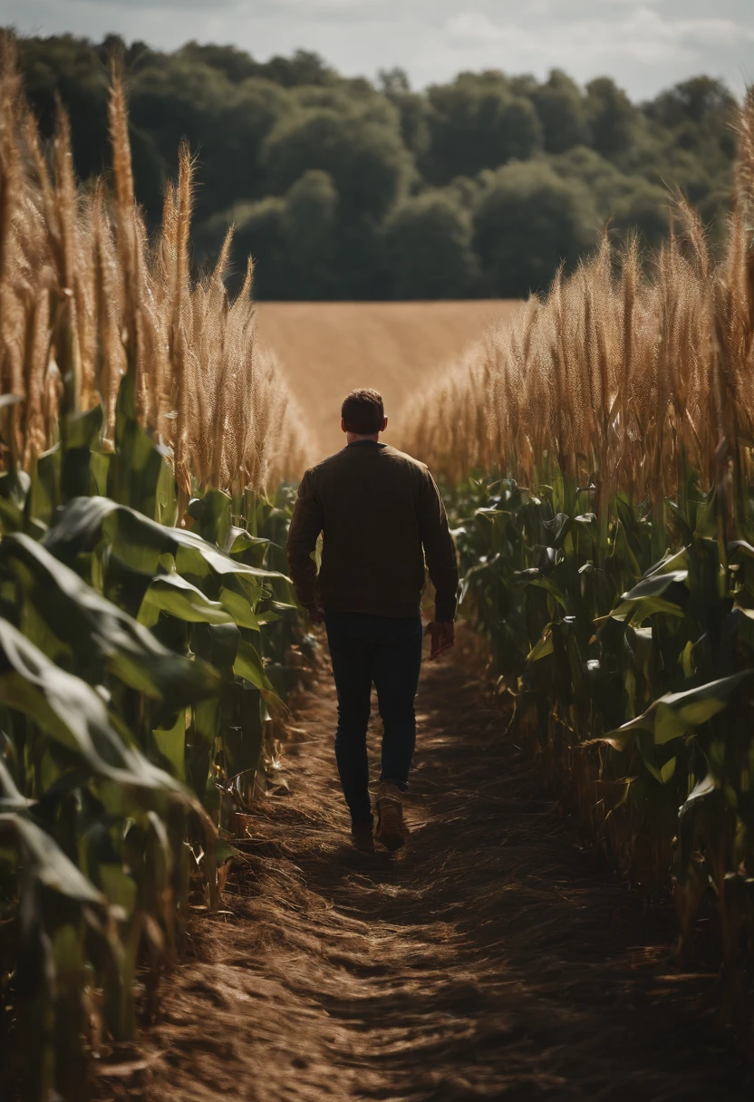 a lifestyle shot of a person walking through a cornfield, surrounded by the towering stalks, capturing the sense of being immersed in nature
