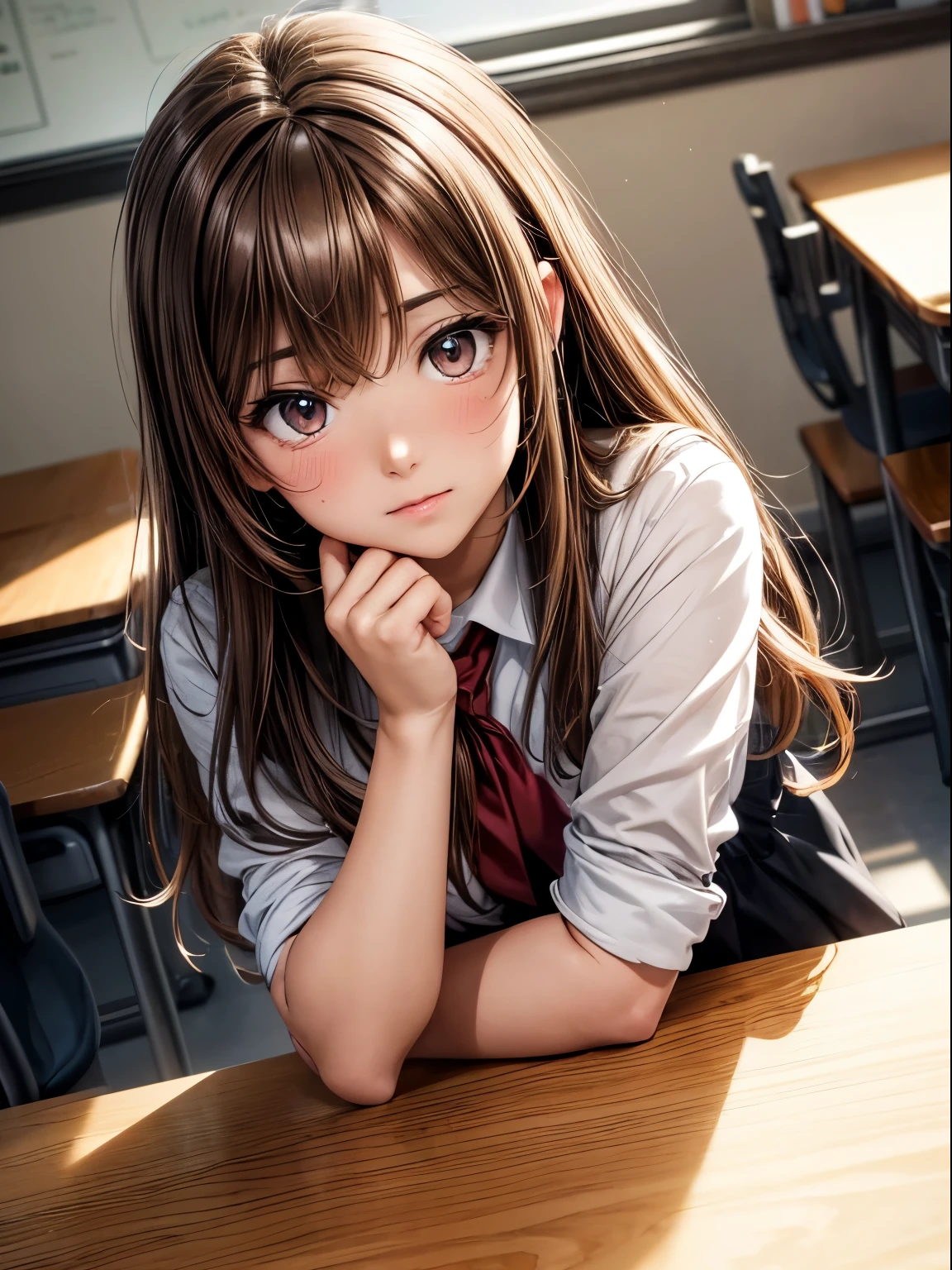 ((Masterpiece)),((Best Quality)),absurdres, 1girl, 1boy, squatting cowgirl, Gonzo, School uniform, (Classroom:1.1), Sunlight, (Half-closed eyes: 0.4), (Open lips: 1.4), (Nasal blush: 1.2), light smile,