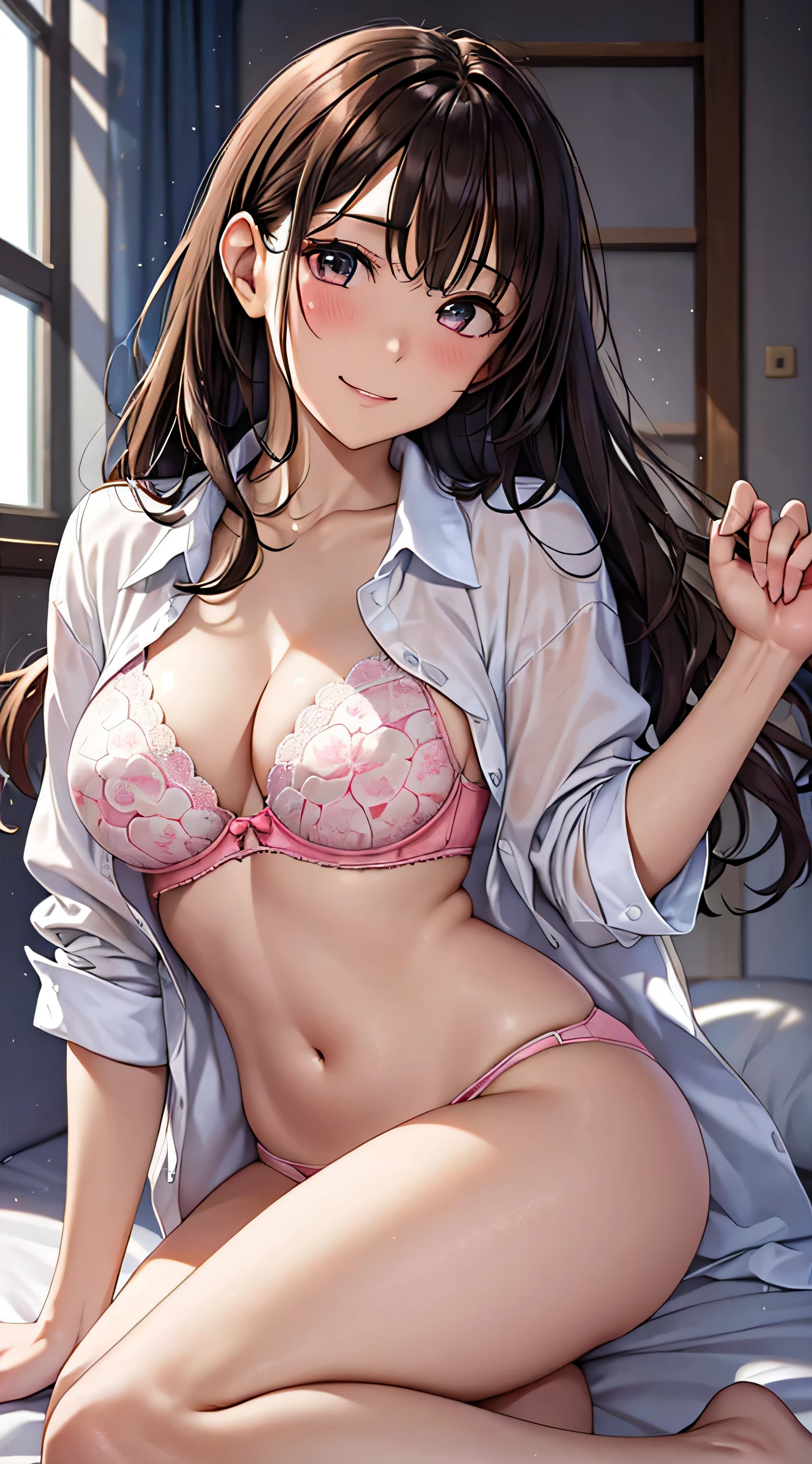 ((masutepiece, Best Quality, hight resolution, nffsw, Perfect Pixel, 4K, nffsw, nffsw))), 1girl in, Single, Solo, Beautie、full body seen、 ((Middle Wave Hair, Bangs, Brown hair)), ((Brown-eyed, Beautiful eyelashes, Realistic eyes)), ((Detailed face, Blushing:1.2)), ((Smooth texture:0.75, Realistic texture:0.65, Photorealistic:1.1, Anime CG style)), medium breasts, Dynamic Angle, Perfect body, ((White shirt, Unbuttoned shirt、I'm not wearing shoes、Kamimei、)), Classrooms without people、Sit on a desk、Lower'I took my foot off the desk......................................................................、early evening、、、Very embarrassing panic smile、(See-through nipples、Open both legs、Open your knees wide、white lace panties with pink floral pattern)、、(white lace bra with pink floral pattern)、Angle from below