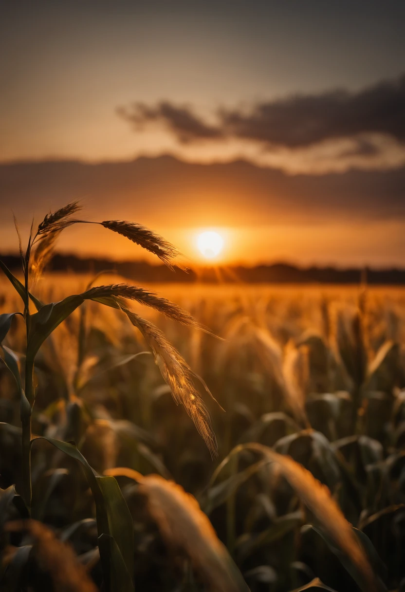 a high-resolution shot of the golden sunset or sunrise over a cornfield, bathing the stalks in warm, soft light and creating a serene and peaceful atmosphere