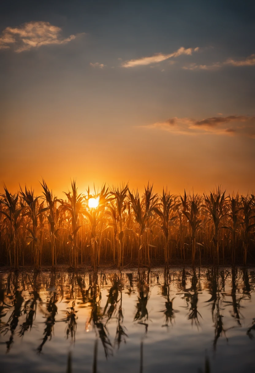 a high-resolution shot of the golden sunset or sunrise over a cornfield, bathing the stalks in warm, soft light and creating a serene and peaceful atmosphere