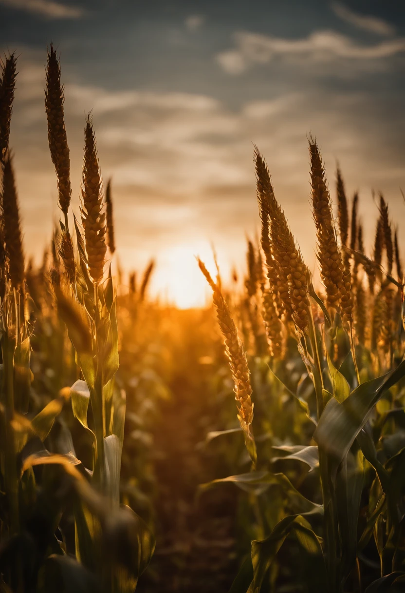 a high-resolution shot of the golden sunset or sunrise over a cornfield, bathing the stalks in warm, soft light and creating a serene and peaceful atmosphere
