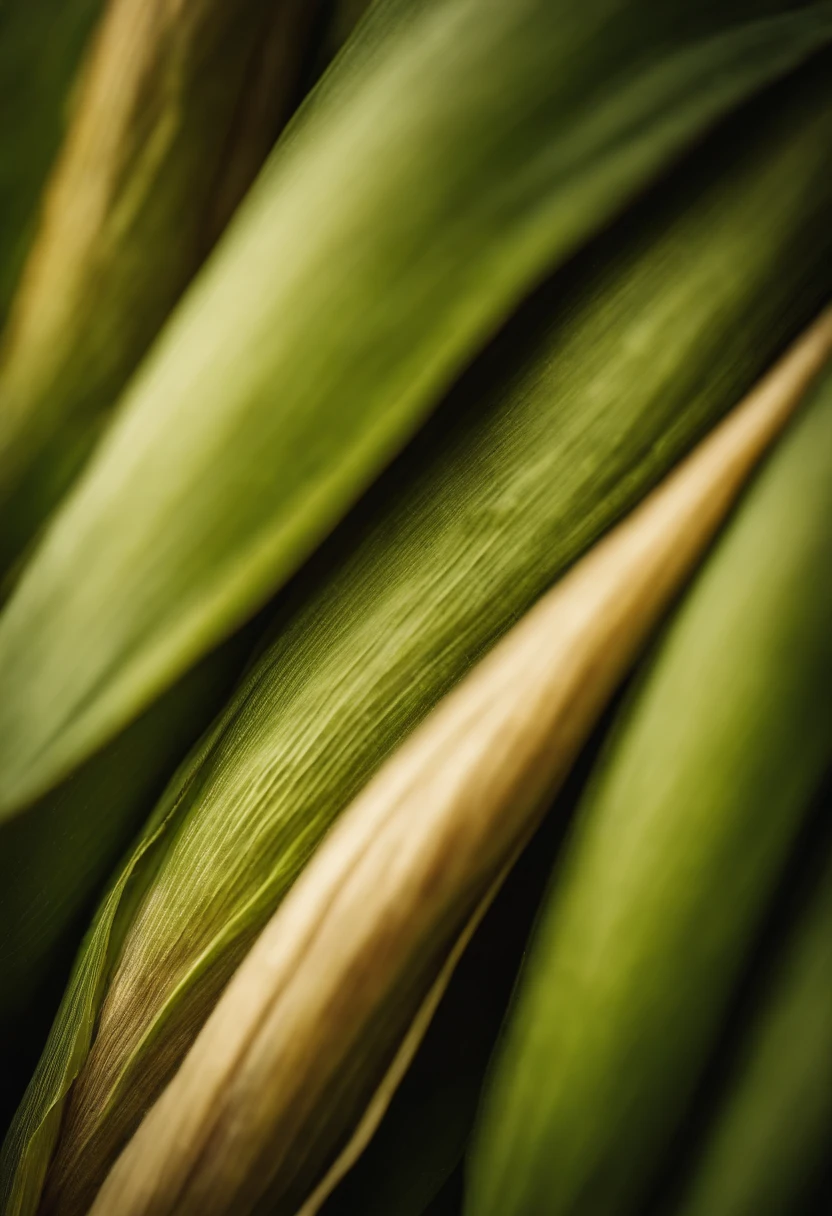 a detail shot of a corn husk, showcasing its texture, the delicate strands of silk, and the subtle shades of green and brown