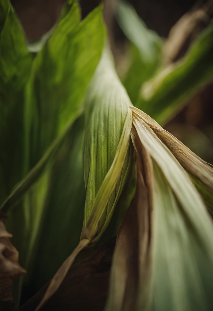 a detail shot of a corn husk, showcasing its texture, the delicate strands of silk, and the subtle shades of green and brown