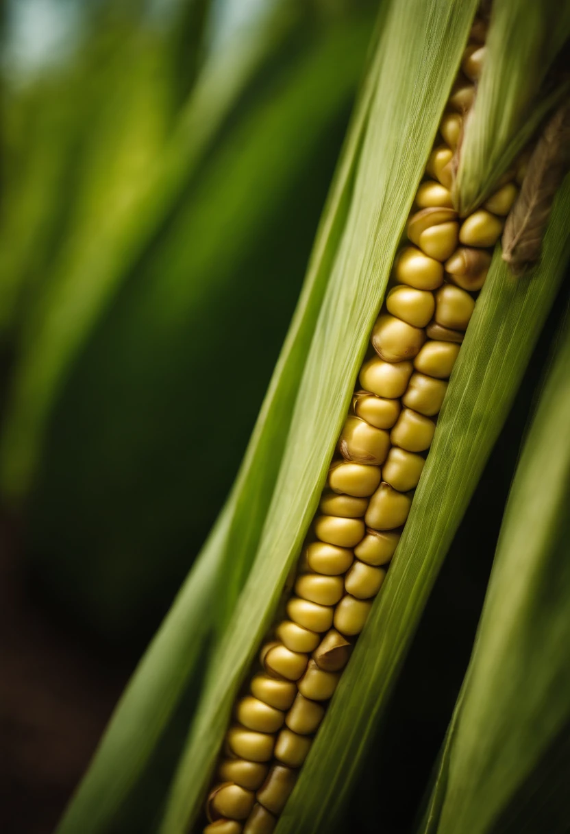 a detail shot of a corn husk, showcasing its texture, the delicate strands of silk, and the subtle shades of green and brown