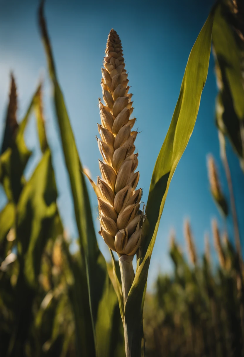 a creative shot of a single cornstalk, isolated against a clear blue sky or a contrasting background, emphasizing its height and strength