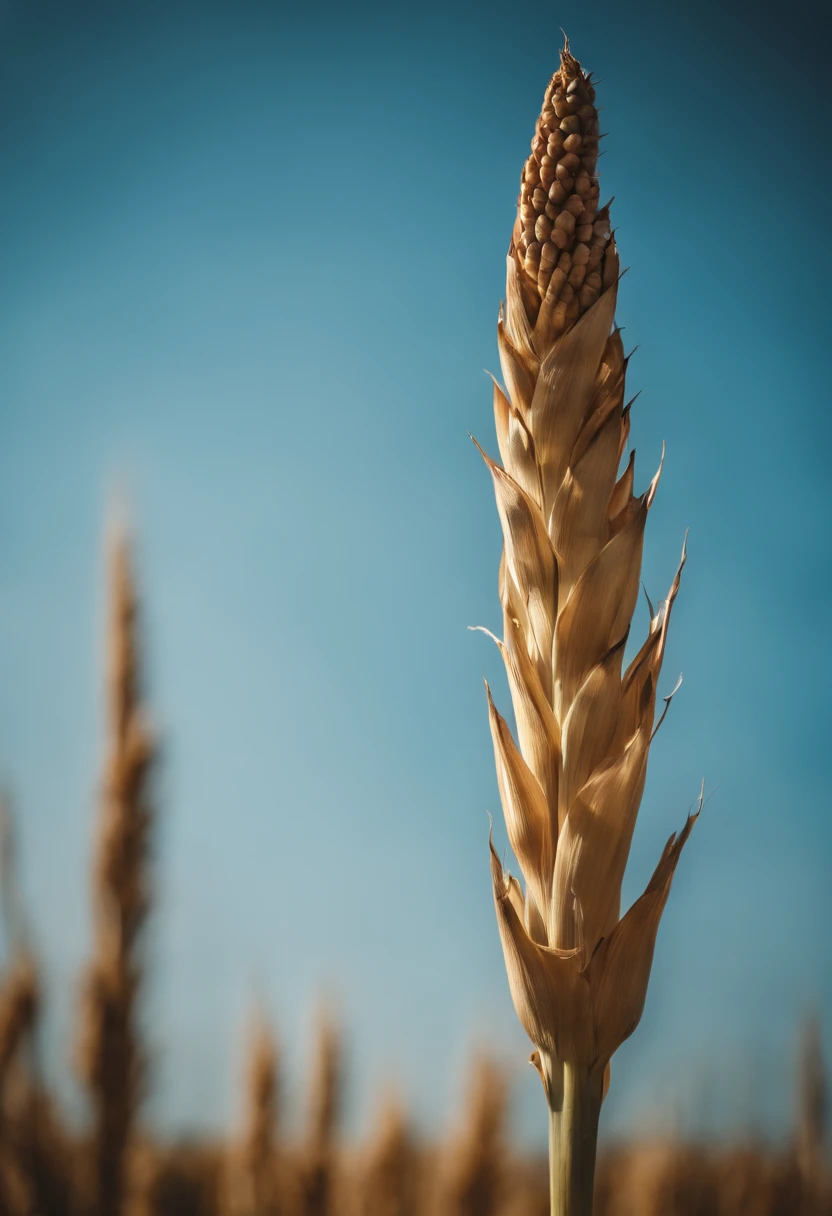 a creative shot of a single cornstalk, isolated against a clear blue sky or a contrasting background, emphasizing its height and strength