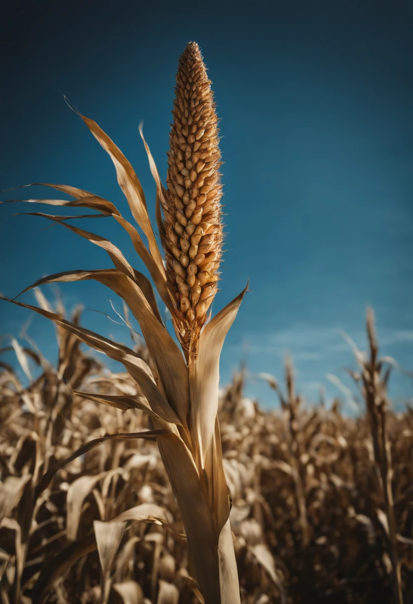 a creative shot of a single cornstalk, isolated against a clear blue sky or a contrasting background, emphasizing its height and strength
