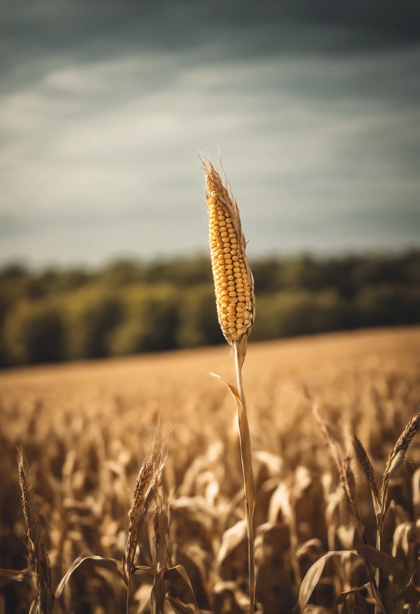 a minimalistic shot of a single cornfield with a solitary cob remaining, symbolizing the harvest and the end of the growing season