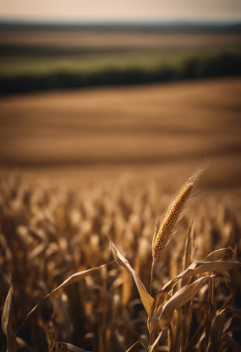 a minimalistic shot of a single cornfield with a solitary cob remaining, symbolizing the harvest and the end of the growing season