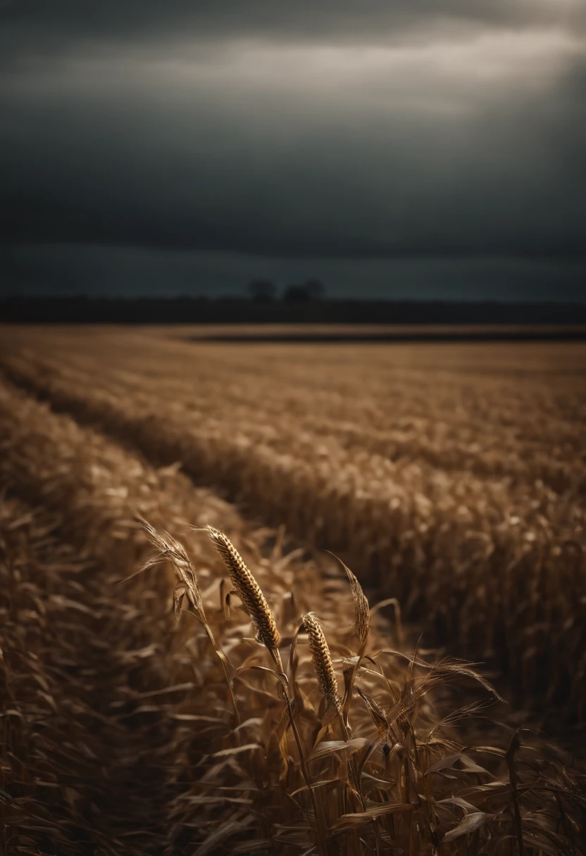 a minimalistic shot of a single cornfield with a solitary cob remaining, symbolizing the harvest and the end of the growing season
