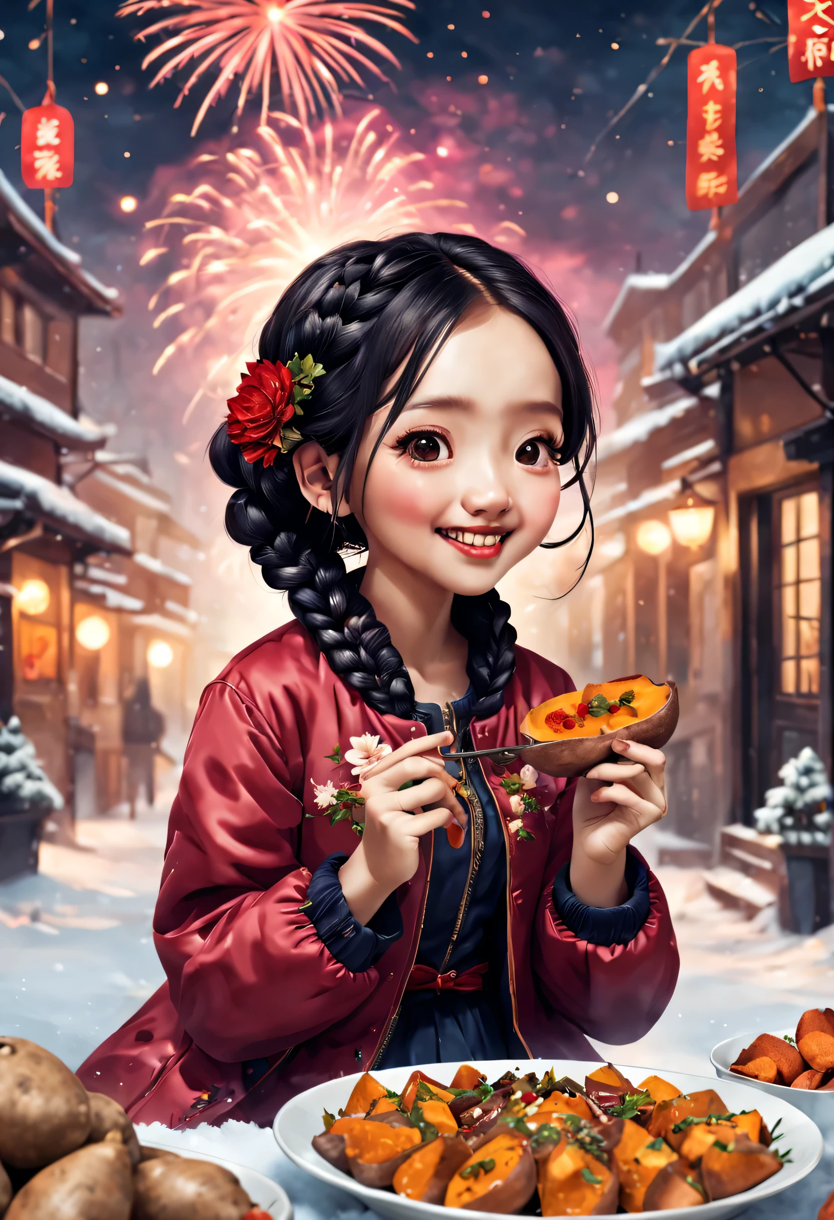 (2024 New Year theme poster design),(Cute kawaii happy smiling asian girl wearing red floral retro cotton jacket is eating roasted sweet potato) ,Steamed and roasted sweet potatoes,(Playful black braids),奈良美智、Ray Caesar、Liuye Design,Background with:new year celebration atmosphere,Fireworks bloom on a snowy night in the countryside,