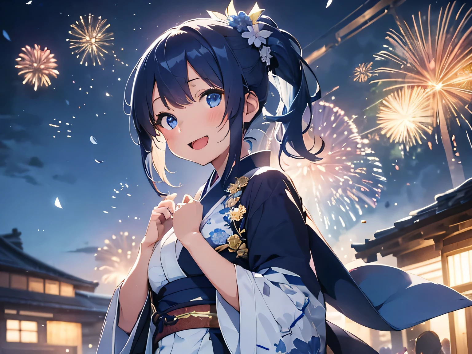 1girls, kurzes kobaltblaues Haar, sehr langer Pferdeschwanz, blaue Augen, wears a white kimono with blue petals, lachend, Nacht, Feuerwerk, schneit, absurdres, hight resolution, ultrascharf, Cs, Meisterwerk