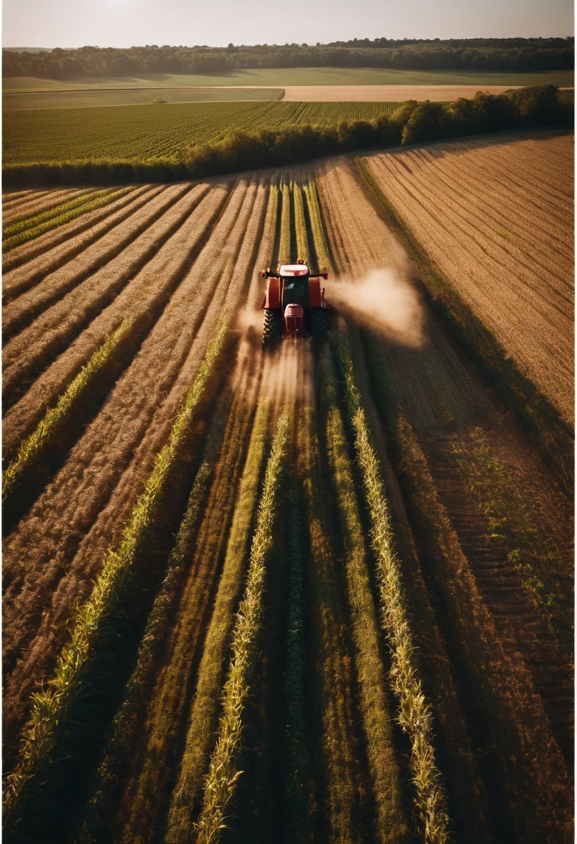 a high-angle shot of a tractor or farm equipment moving through a cornfield during the harvesting process, capturing the dynamic and industrious nature of agriculture