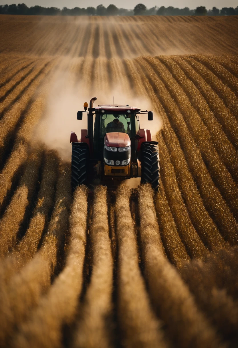 a high-angle shot of a tractor or farm equipment moving through a cornfield during the harvesting process, capturing the dynamic and industrious nature of agriculture
