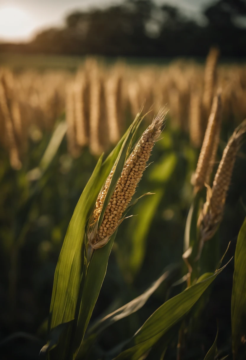 a detailed macro shot of a cornfield, focusing on the intricate details of the leaves, stalks, and tassels, showcasing the beauty in the smaller elements