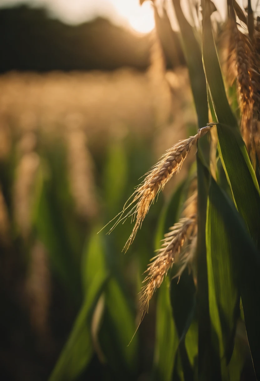 a detailed macro shot of a cornfield, focusing on the intricate details of the leaves, stalks, and tassels, showcasing the beauty in the smaller elements