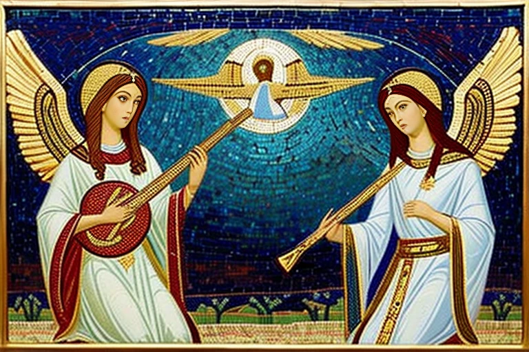mosaic art, angels, beautiful slender females, playing instruments in heaven, short blonde, small bust, narrow waist, wearing white-gold greek clothes, large wings, (((byzantine art style)))