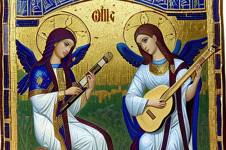 mosaic art, angels, beautiful slender females, playing instruments in heaven, short blonde, small bust, narrow waist, wearing white-gold greek clothes, large wings, (((byzantine art style)))
