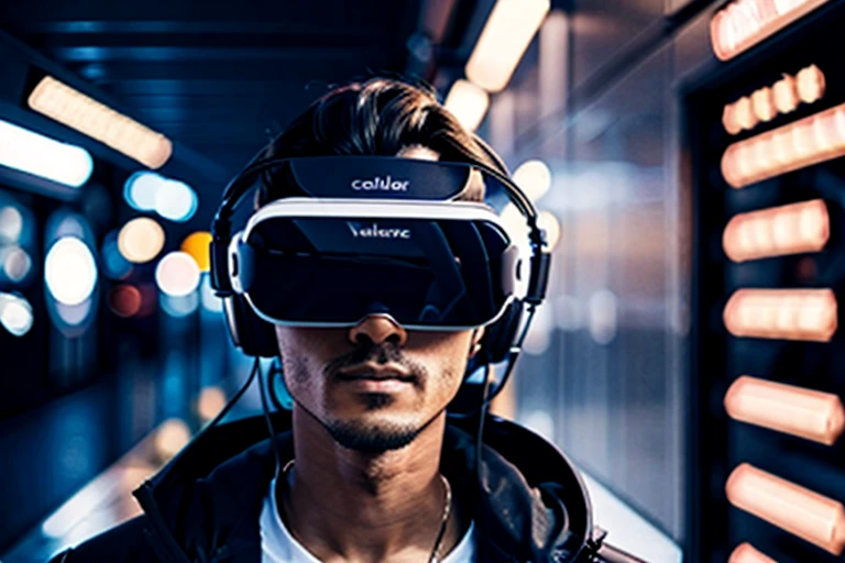 person from the future with virtual reality glasses connected to the metaverse