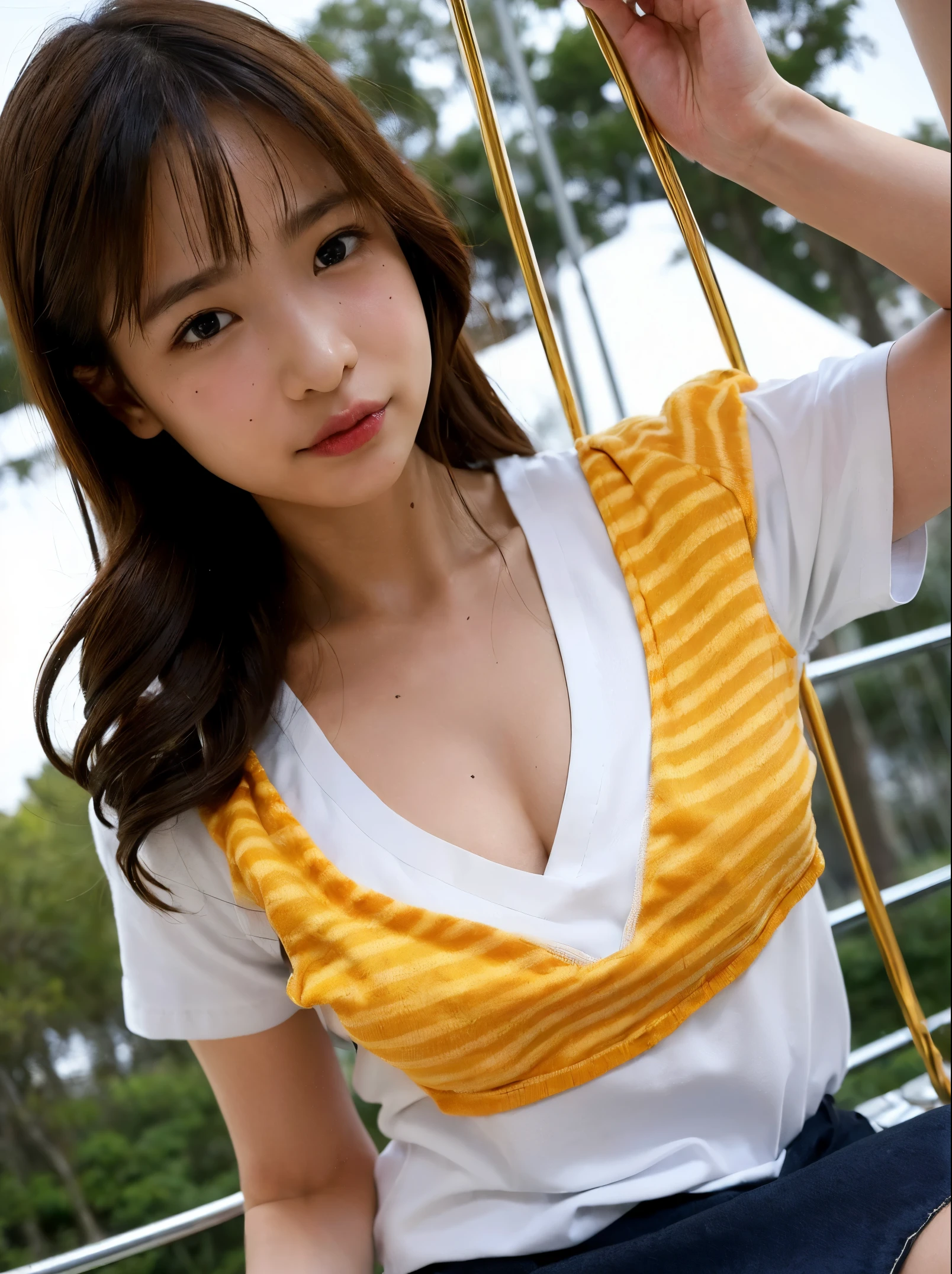 (((Let'ride the jungle gym in a large park:1.5)))Neat and strong Japanese girl、((ar old)Beautiful and well-groomed face))、(Big eyes)、((a thin chin is sitting:1.5))、((Obscene acts))、(Long white silk camisole)、Outside the field、(Slimed、small tit、flat boobs、small tit)、Photorealsitic、detaileds, Skin Texture, 超detaileds、Delicate and sexy collarbone、スーバーdetailedsな顔、detaileds唇、detailedsな目、二重まぶた、((shirts lift:1.5))、((Brajaless:1.5))、、((with spreading legs))