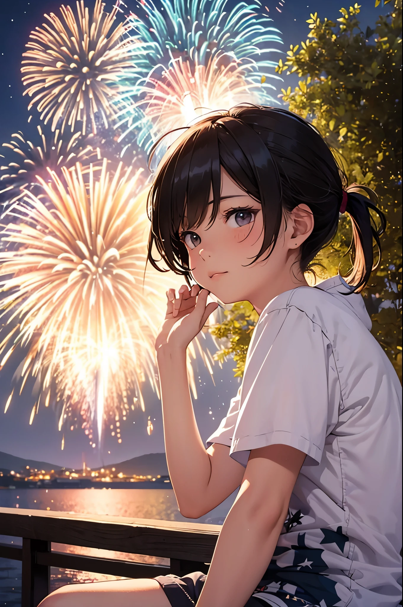 Sitting in the mountains,smile,Close ~ eyes,1. small  ,short hair,Black Hair,blush,White T-shirt,Olive green shorts,Brown Sandals,White skin,From below,shy,Please open your mouth wide, Put your hands between your legs,night,firework,Sweaty,Wet,Cowboy Shot