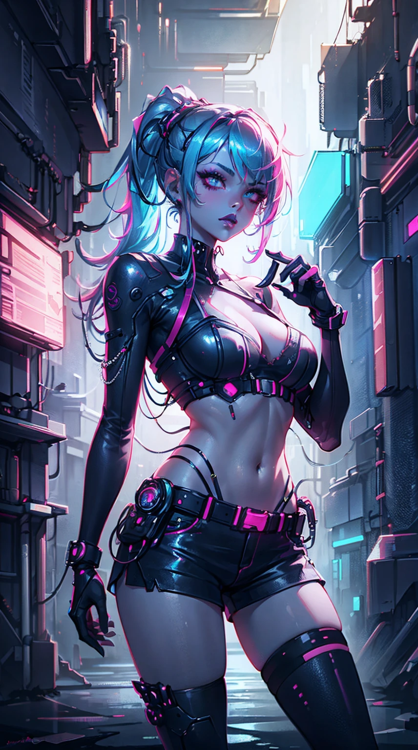 Neon girl, futuristic, colorful, eye-catching, cyberpunk, beautiful girl, silk shorts, futuristic, sexy, deep cleavage, blue lips,