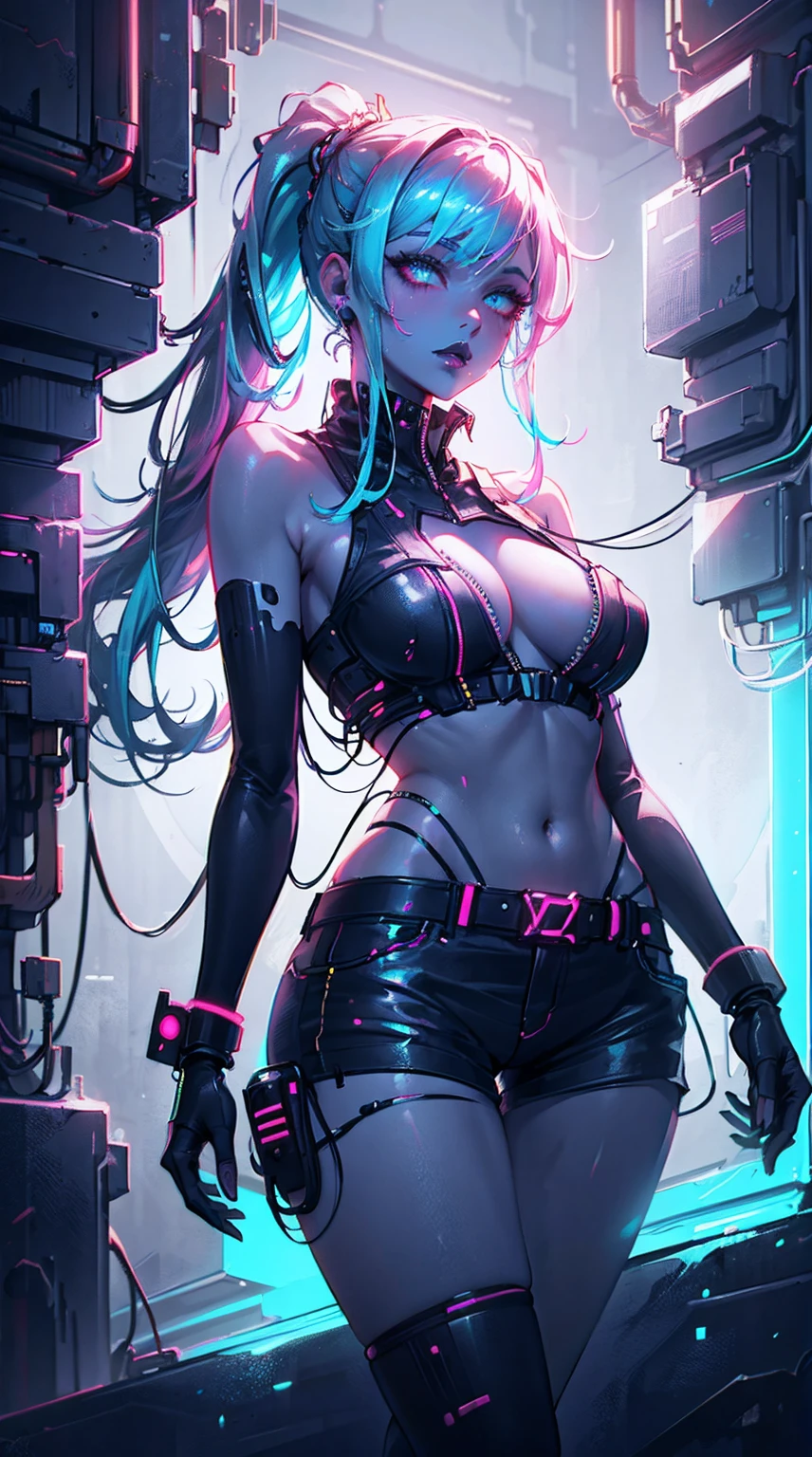 Neon girl, futuristic, colorful, eye-catching, cyberpunk, beautiful girl, silk shorts, futuristic, sexy, deep cleavage, blue lips,