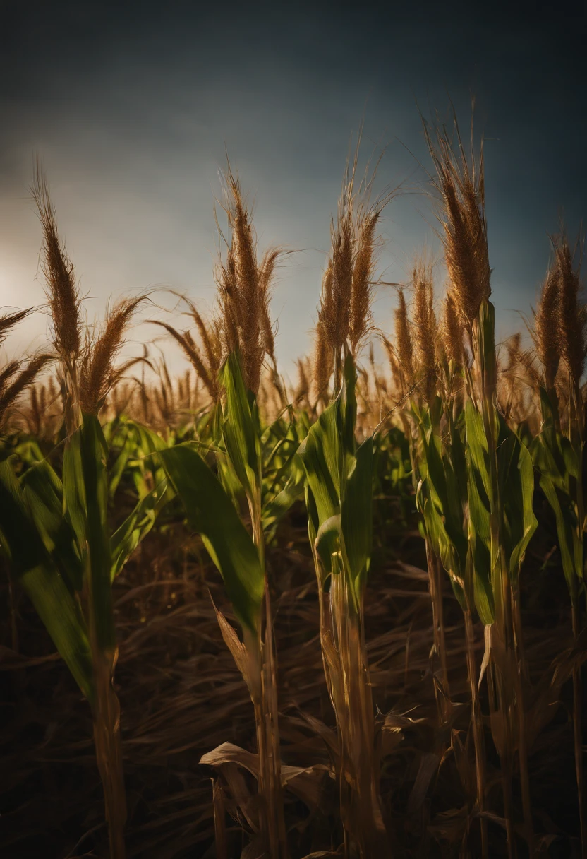 an abstract shot of cornstalks swaying in the wind, experimenting with long-exposure techniques to create a sense of movement and ethereality
