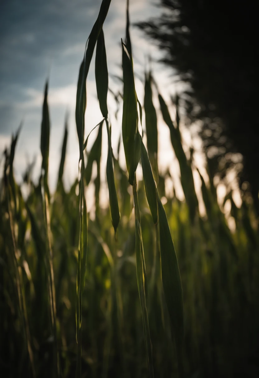 an abstract shot of cornstalks swaying in the wind, experimenting with long-exposure techniques to create a sense of movement and ethereality