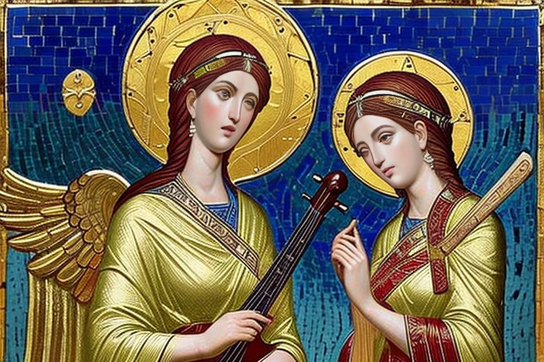 mosaic art, angels, beautiful slender females, playing medieval instruments in heaven, short blonde, small bust, narrow waist, wearing white-gold greek clothes, large wings, (((byzantine art style)))