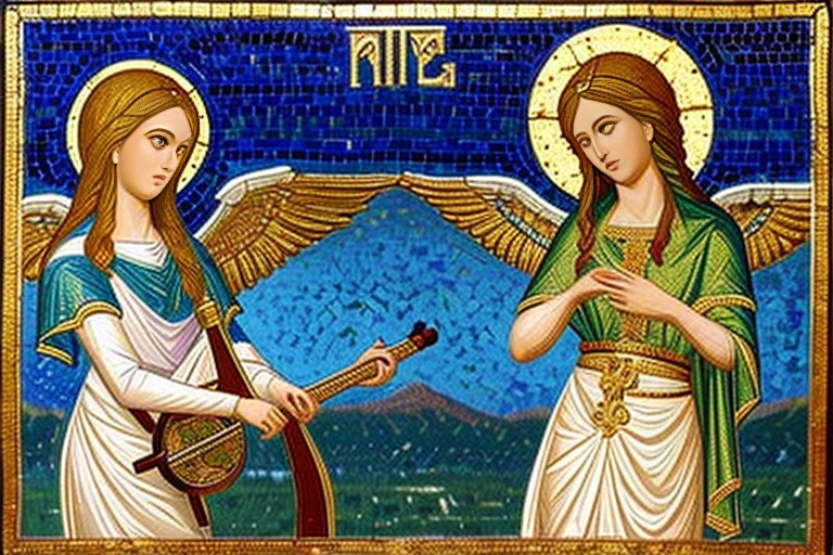 mosaic art, angels, beautiful slender females, playing medieval instruments in heaven, short blonde, small bust, narrow waist, wearing white-gold greek clothes, large wings, (((byzantine art style)))