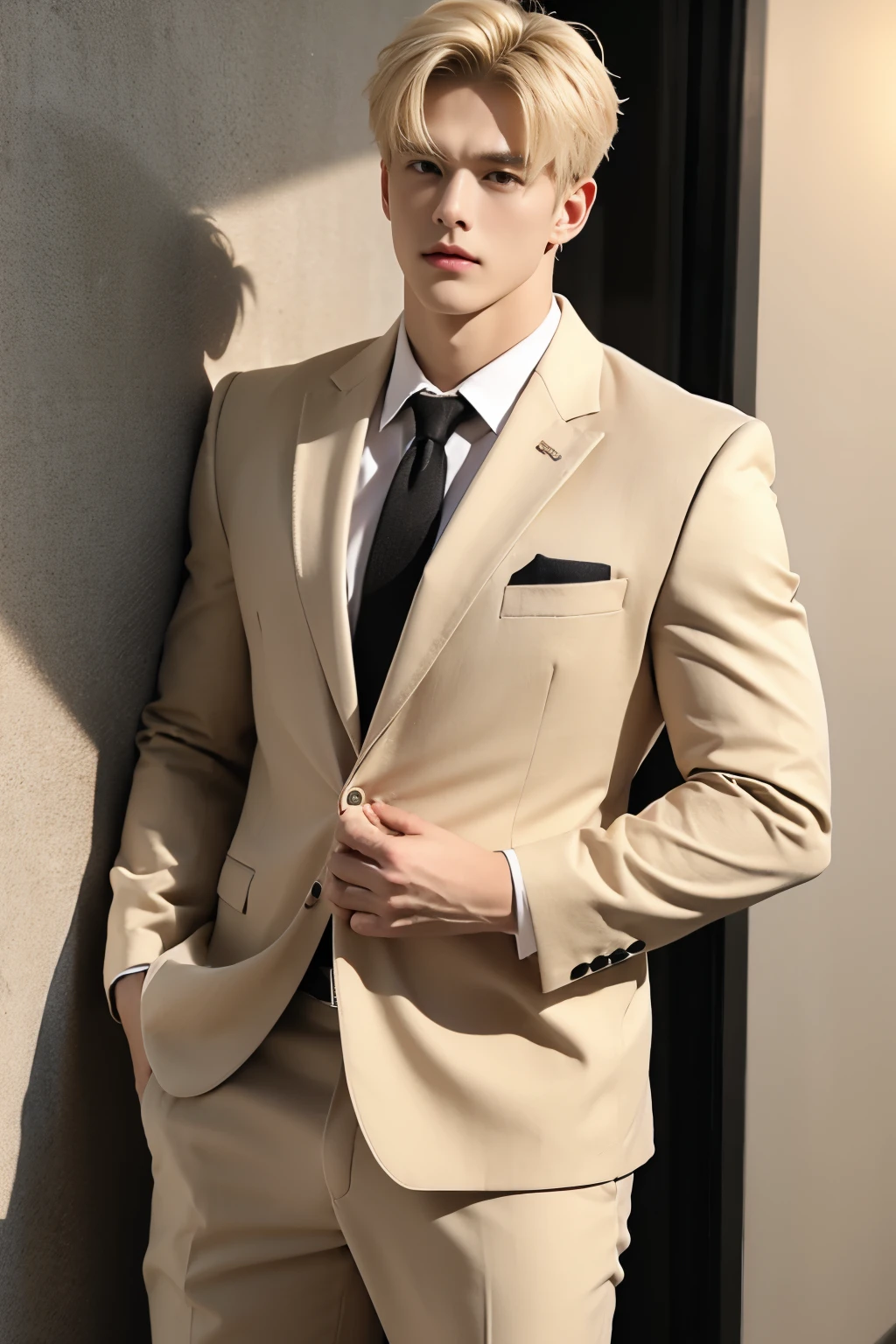 1boy, blonde hair, Business suit, Very detailed handsome face, Heroic,  Large muscles, beige color suit