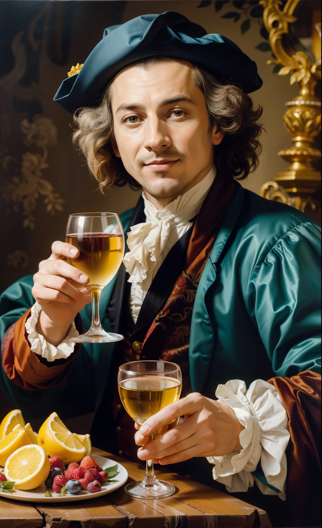 Painting of a man in a top hat with a glass of wine, inspired by Dirk Hals, based on Louis Lenain, inspired by Bartholomeus van der Helst, Emanuel de Witte, Portrait of an elegant man, inspired by Henry Hondius II, Gerard Van Honthorst