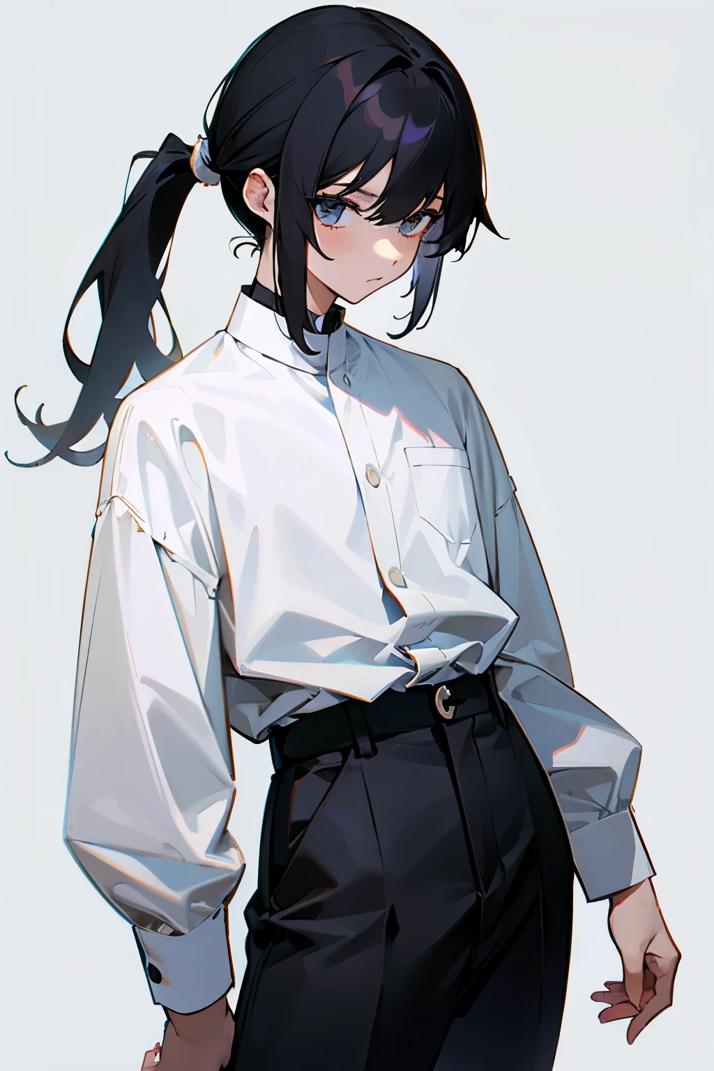 Black-haired boy、poneyTail、white shirt、Black pants、