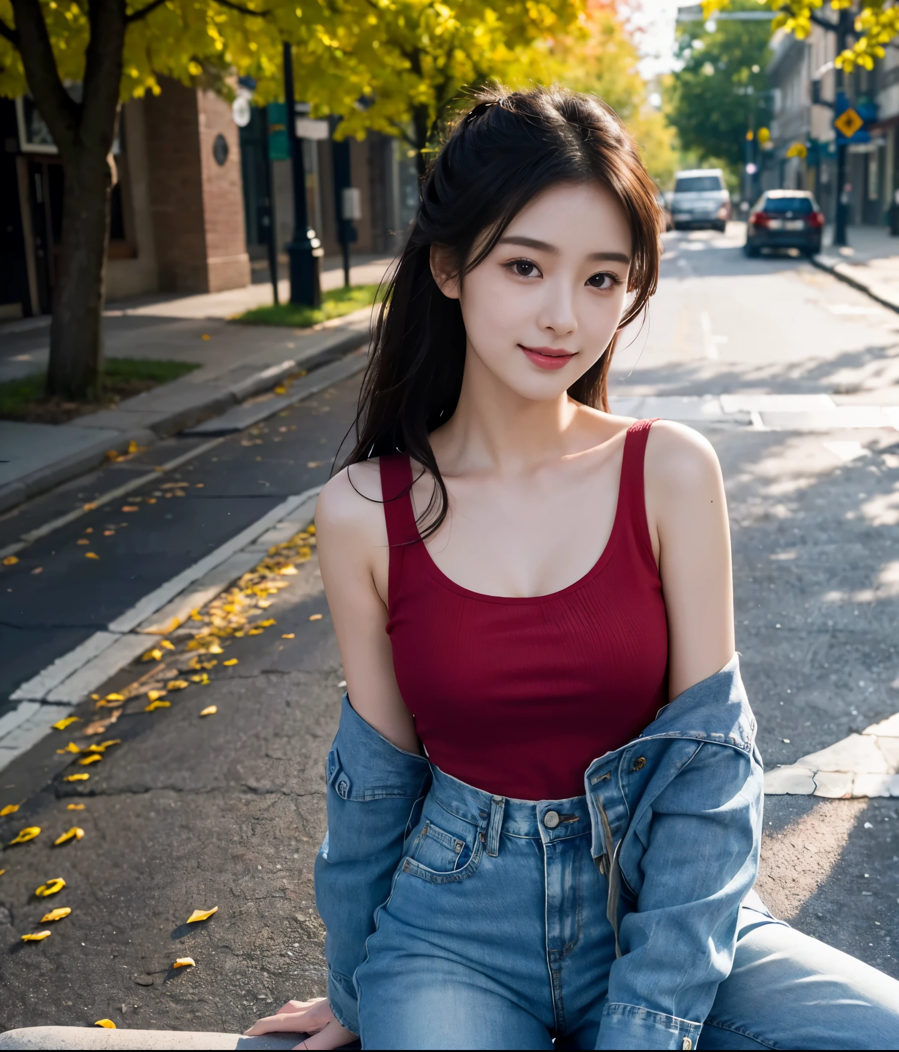 (Best quality, Complex details: 1.2,Realistic:1.2) ,A girl\(23 years old\),[Liu Yifei:0.9],medium boobs,black hair,(pink|red top bank:1.2),(Extra-short denim shortarmhouse:1.2),tree,Red leaves,autumn,bare braid,kind smile,siting