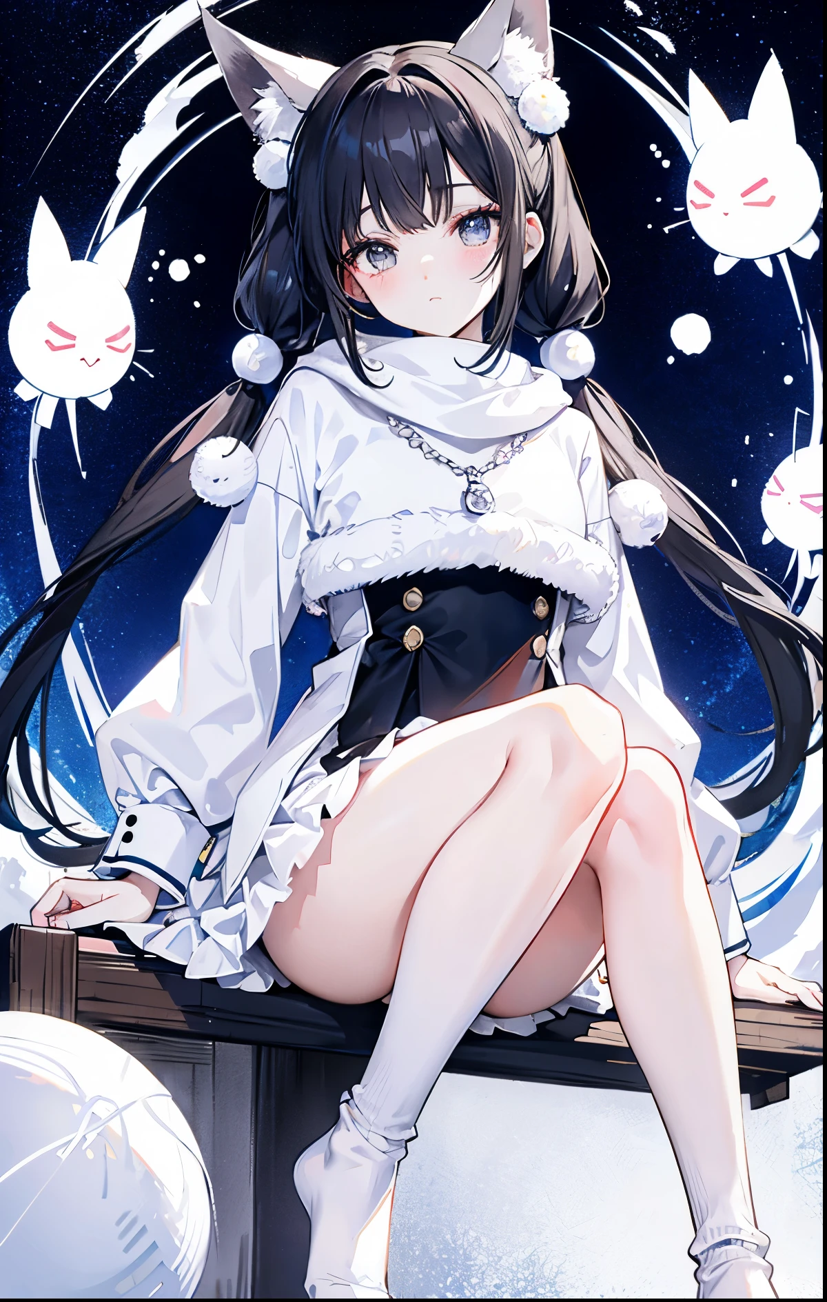 Snowball twintails,White skin of the,ccurateblack hair,With silver necklace,Over-the-knee white socks,Shirayuki's fox earox tails,Very delicate JK clothing