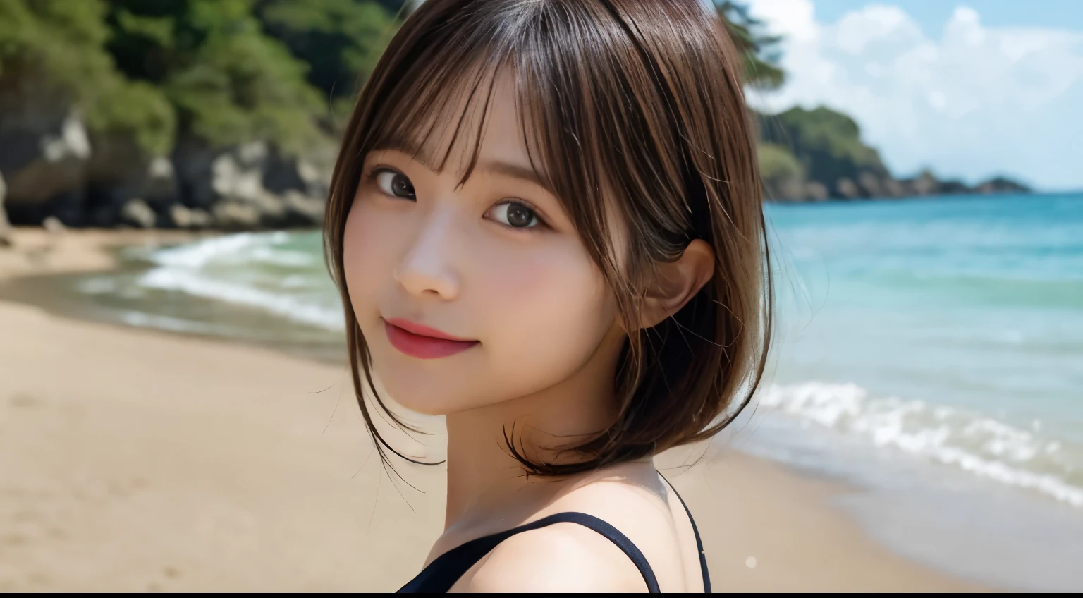 masutepiece, Best Quality, Illustration, Ultra-detailed, finely detail, hight resolution, 8K Wallpaper, Perfect dynamic composition, Beautiful detailed eyes, she is wearing a black bikini swimsuit,Medium Hair,Natural Color Lip,Smile,Harajuku、20 years girl、Bust up angle looking at camera、stand up straight with your back straight、Arms behind your back、Fold your hands behind your back、C Cup、Brown hair、cacique#39;s face、Blurred private beach background